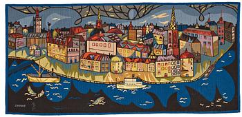 Lars Gynning, VÄVD TAPET, "La Vieille Ville" ("Gamla Stan"), gobelängteknik, ca 93,5 x 198,5 cm, signerad GYNNING MTP fino.