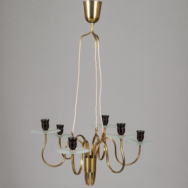 Paavo Tynell, a six-armed brass pendant ceiling light, Taito/ Idman, mid-20th century.