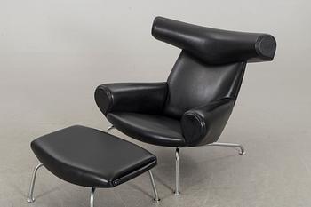 HANS J WEGNER, "Ox chair" lounge chair and stool.