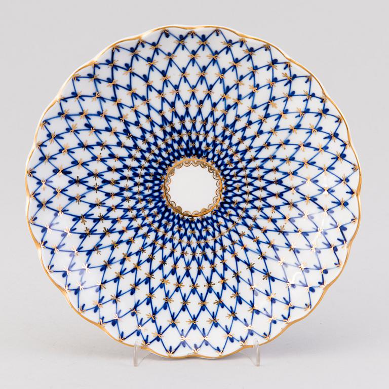 A 22-piece Lomonosov Cobalt Net porcelain set for coffee and tea, USSR.