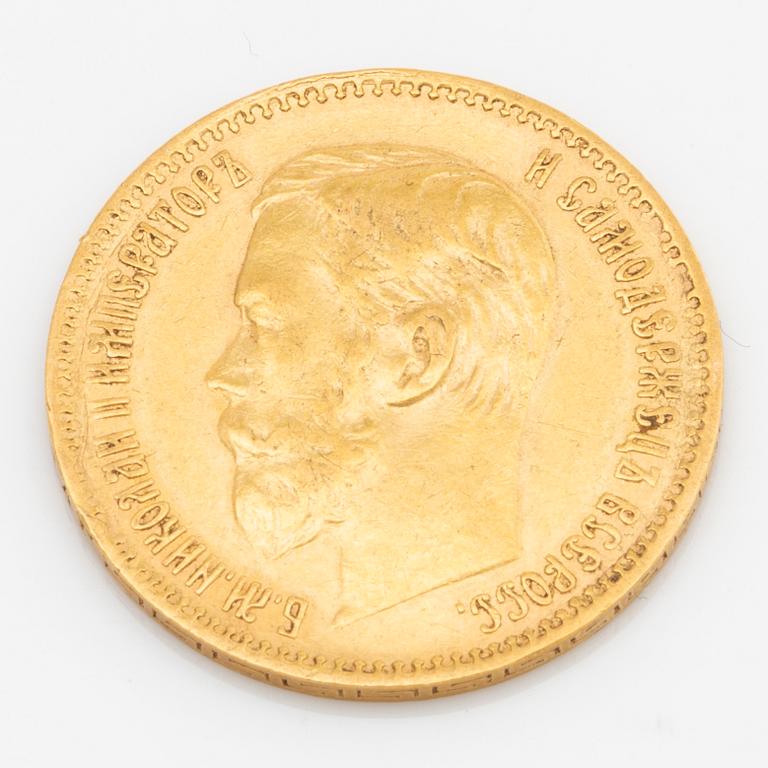 Two Russian 5 Rubel 21K gold coins, Nicolas II, 1898.