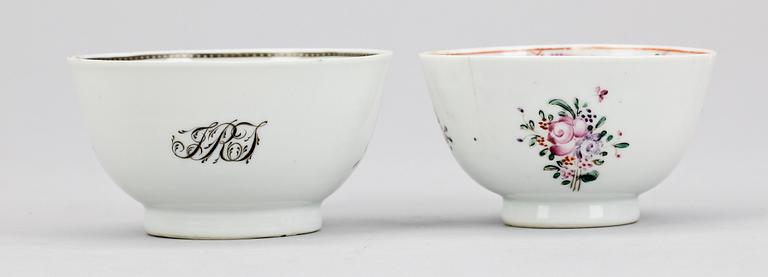 KOPPAR med FAT, 3 st, porslin. Qing dynastin, Qianlong (1736-95).