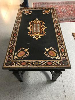 A pietre dure top, Italy, circa 1900, probably Rome or Naples. The stand in Louis XIV-style.