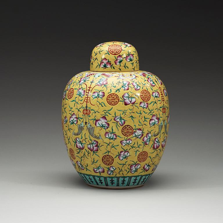 A yellow and famille rose jar with cover, presumably Republic.