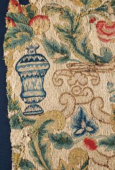 AN EMBROIDERY FRAGMENT, ca 47-50,5 x 48-50 cm, Europe 18th century, probably England, Germany or Scandinavia.