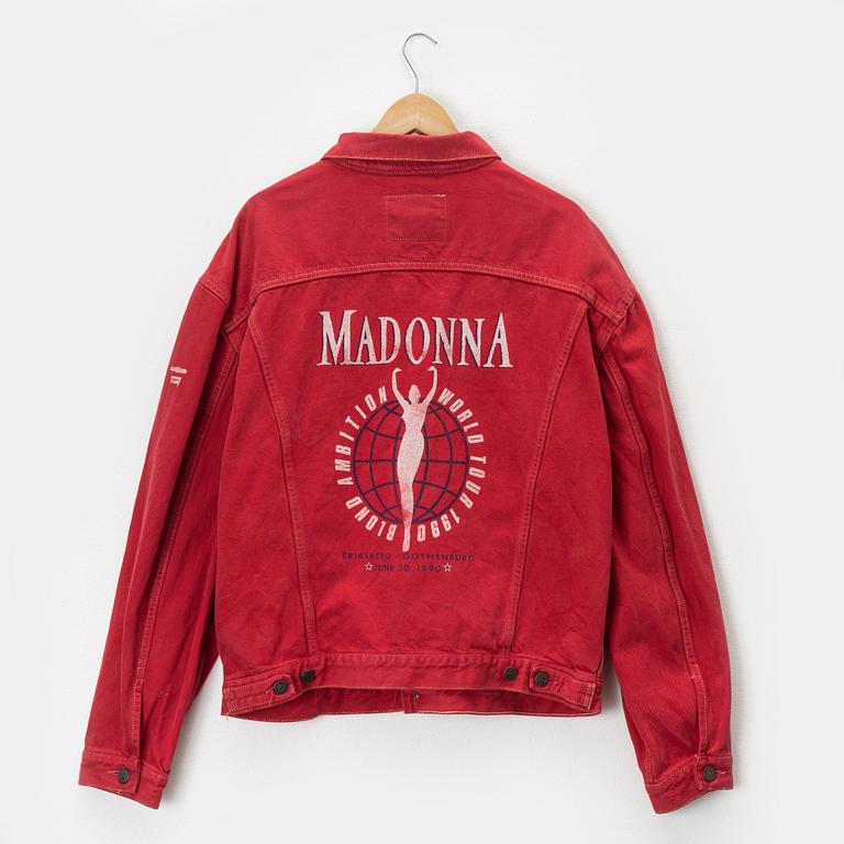 A red Levis "Security" jeans jacket from The Madonna Blond Ambition World Tour, 1990, Size XL.
