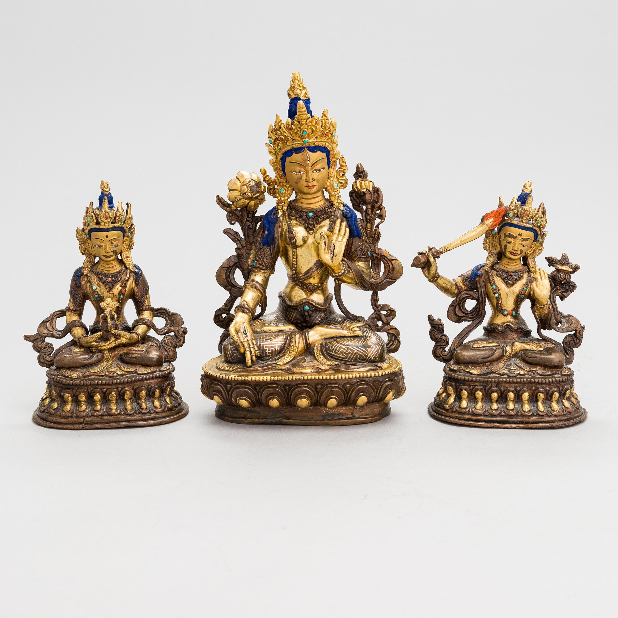 Buddha sculptures, 3 pcs, bronze, Tibetan Chinese, 20th century.