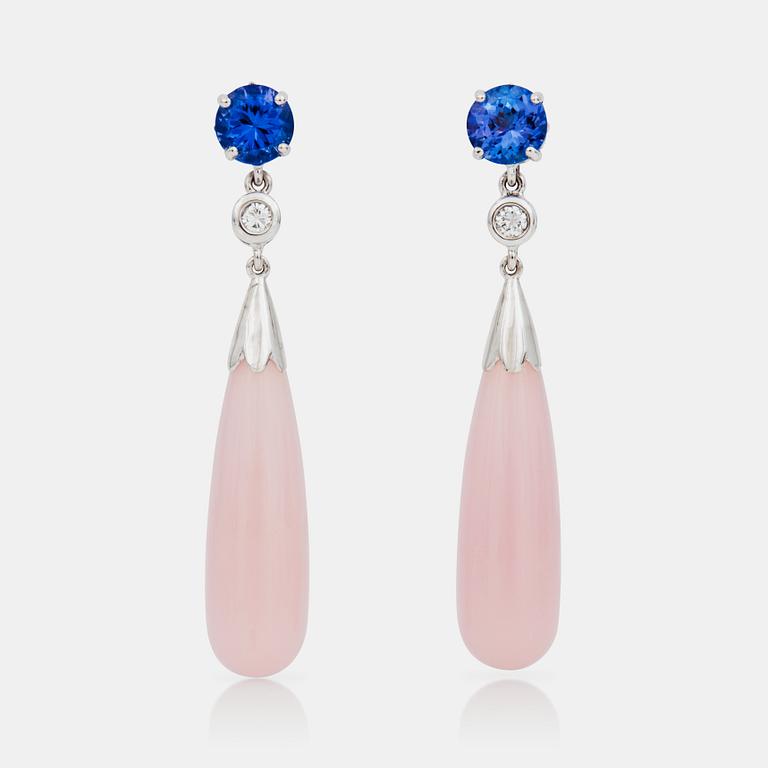 A pair of earrings with pink calcedony, tanzanites circa 1.35cts and diamonds circa 0.10ct in total.