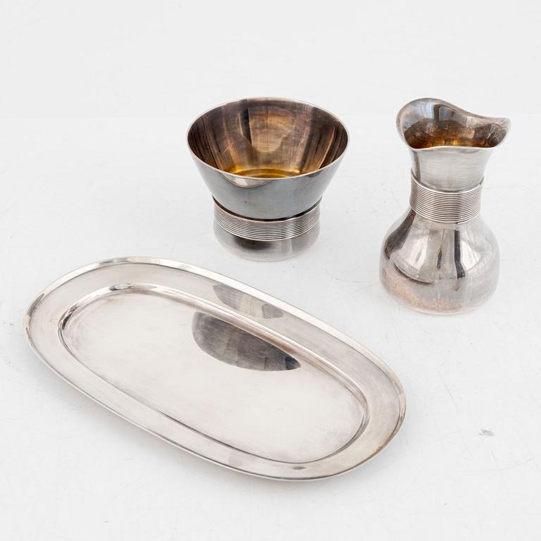 Sugar bowl, creamer, and tray, sterling silver, including pieces by KG Markströms, Uppsala 1967.