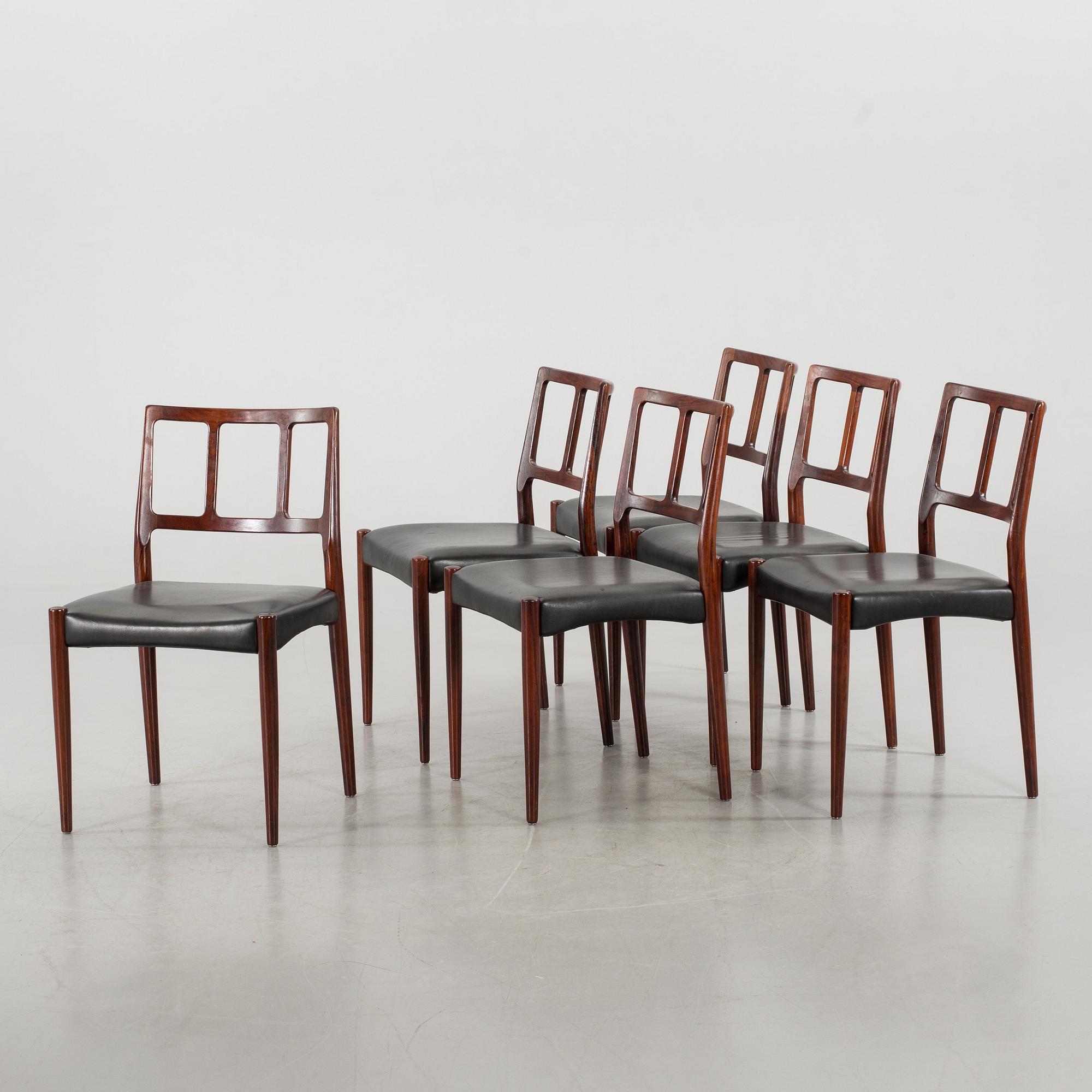 Six 1960's dining chairs, "Louise", Johannes Andersen, A.Andersen & Bohm, Denmark.