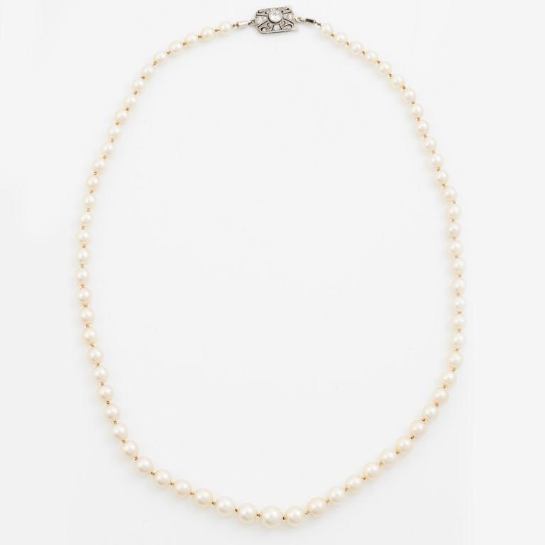 Necklace with graduated cultured pearls, clasp in 14K white gold set with old-cut diamonds.