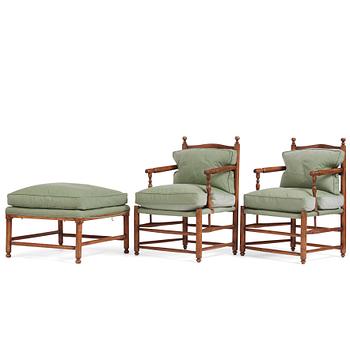 50. A pair of Gustavian 'Gripsholm' armchairs and an ottoman by J. Hammarström (master 1794-1812).