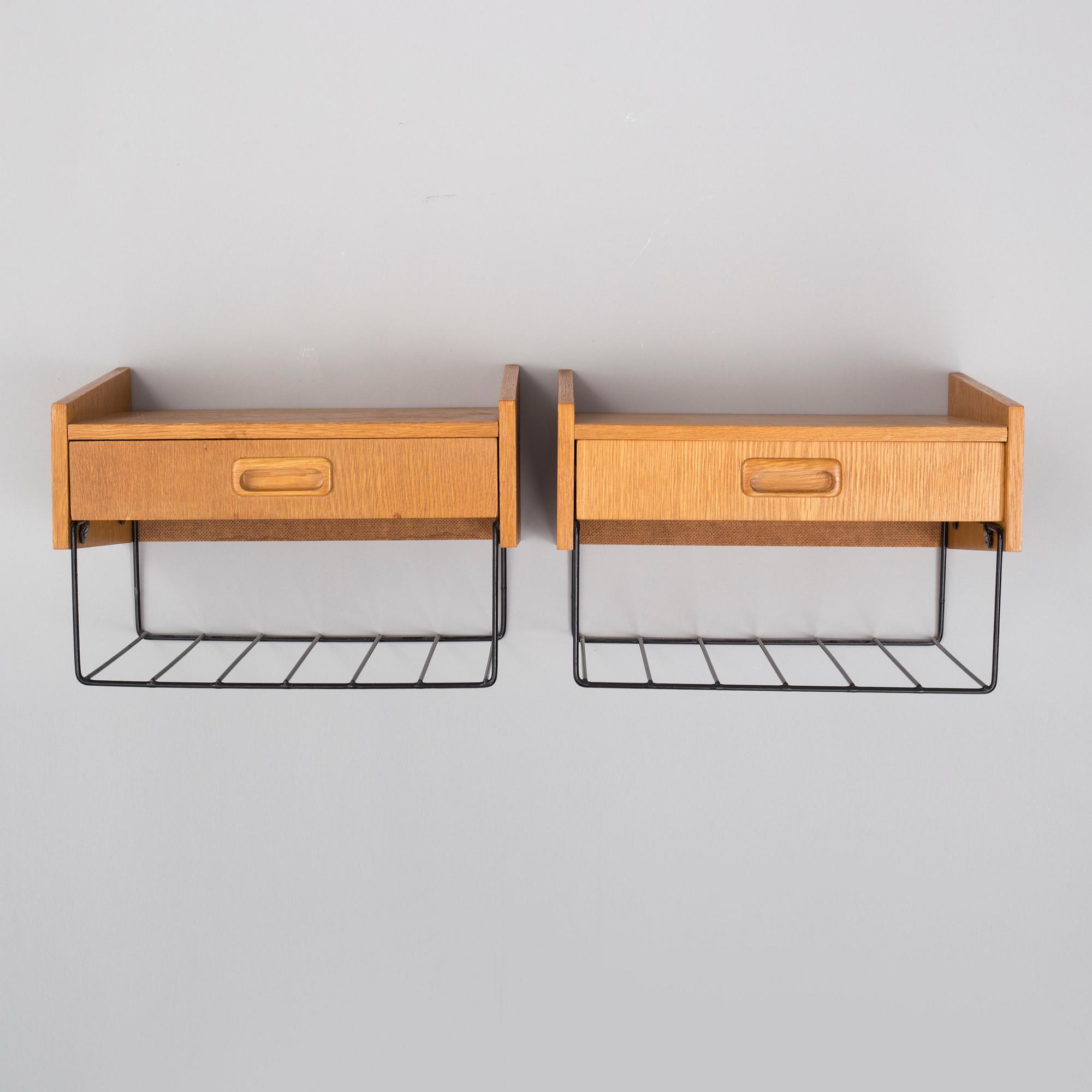 a pair of wall bed side tables, mid 20th century.