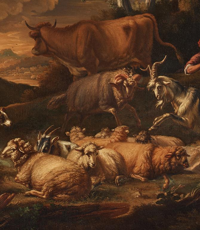 Pieter Mulier II, kallad Cavaliere Tempesta Tillskriven, Pastoralt landskap med herde, herdinna och boskap.