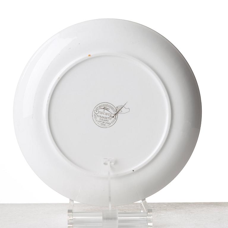 Piero Fornasetti, a set of six "Piscibus" porcelain plates, Milano, Italy.