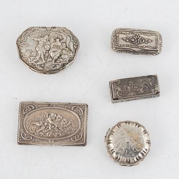 Five Silver Boxes, 19th-20th Century.