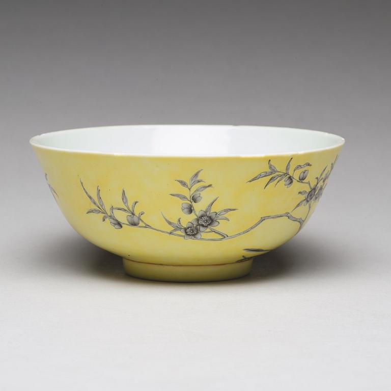 A yellow glazed grisaille bowl and spoon, Qing dynasty, Guangxu period (1875-1908).