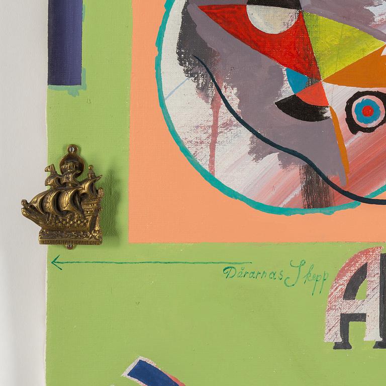 Carsten Regild, assemblage, blandteknik och kollage på duk. Signerad och daterad 1981 on verso.