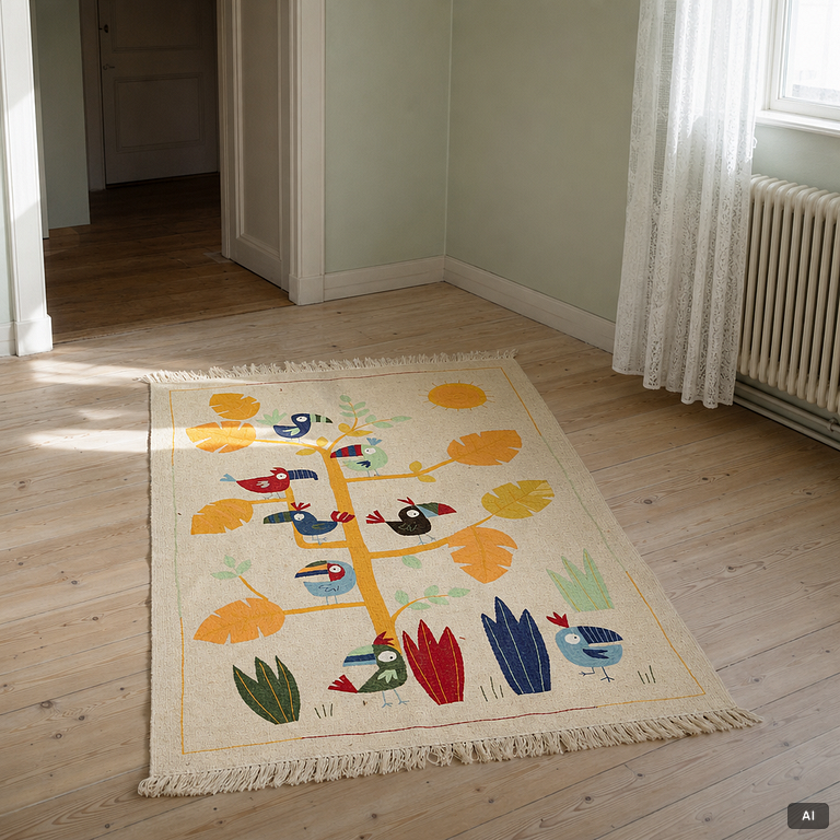 A hand-embroidered Kelim rug, c. 125 x 121 cm.