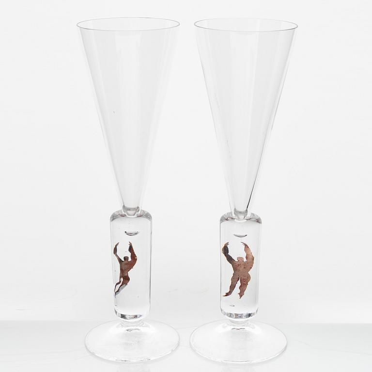 Bertil Vallien, six 'Millenium' champagne glasses, Kosta Boda.