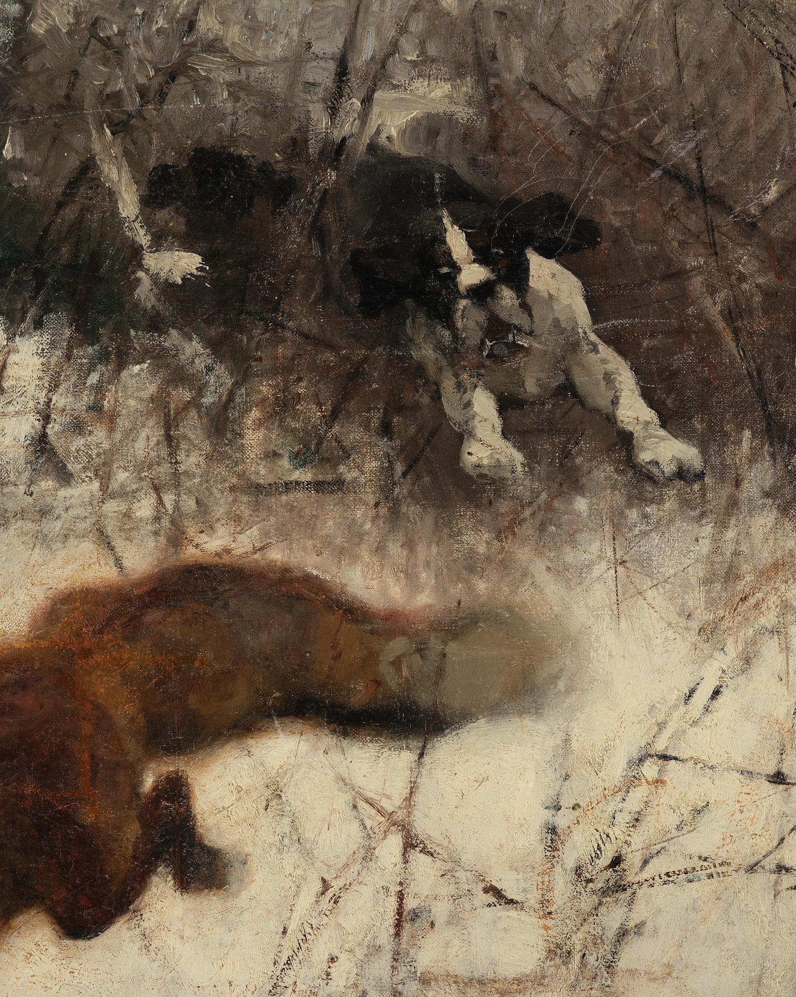 Bruno Liljefors, Winter hunting with fox and hound.
