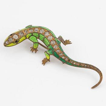 Brooch, costume jewellery, in the form of a lizard with enamel and rhinestones.