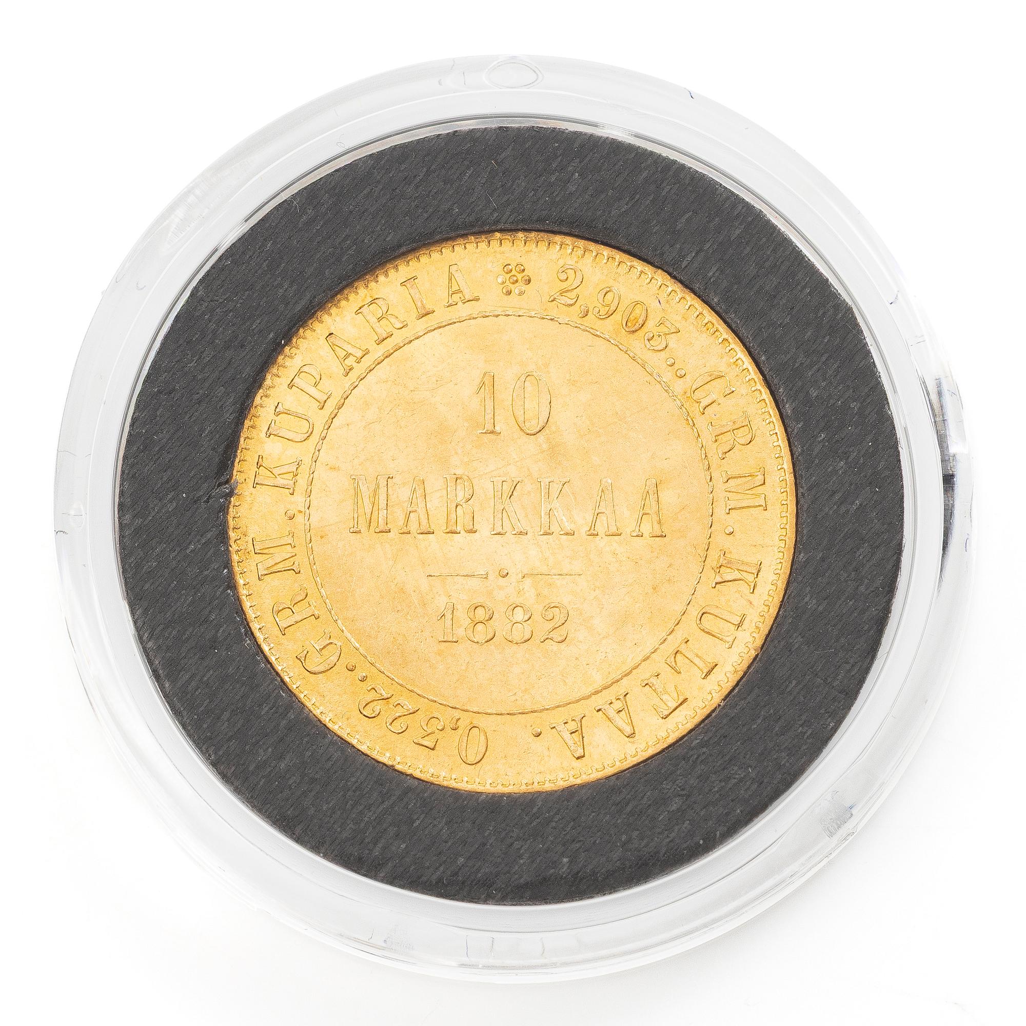 Guldmynt, Storhertigdömet Finland, Alexander III, 10 Markka 1882.