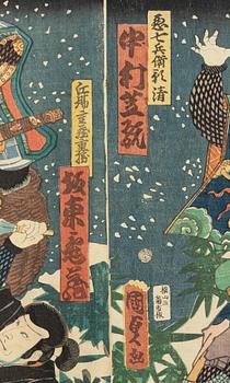 Utagawa Kunisada, a colour woodblock triptych print, Japan, 19th century.