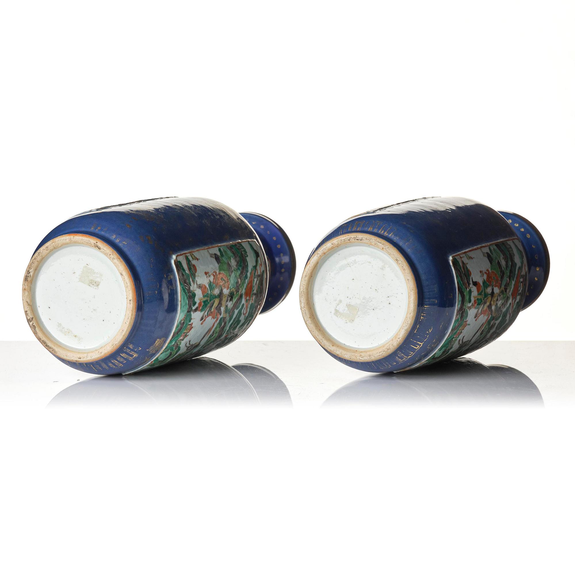 A pair of famille verte and powder blue 'roleau' vases, late Qing dynasty.