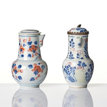 An underglaze red, celadon and an imari ewer with cover, Qing dynasty, Kangxi (1662-1722).