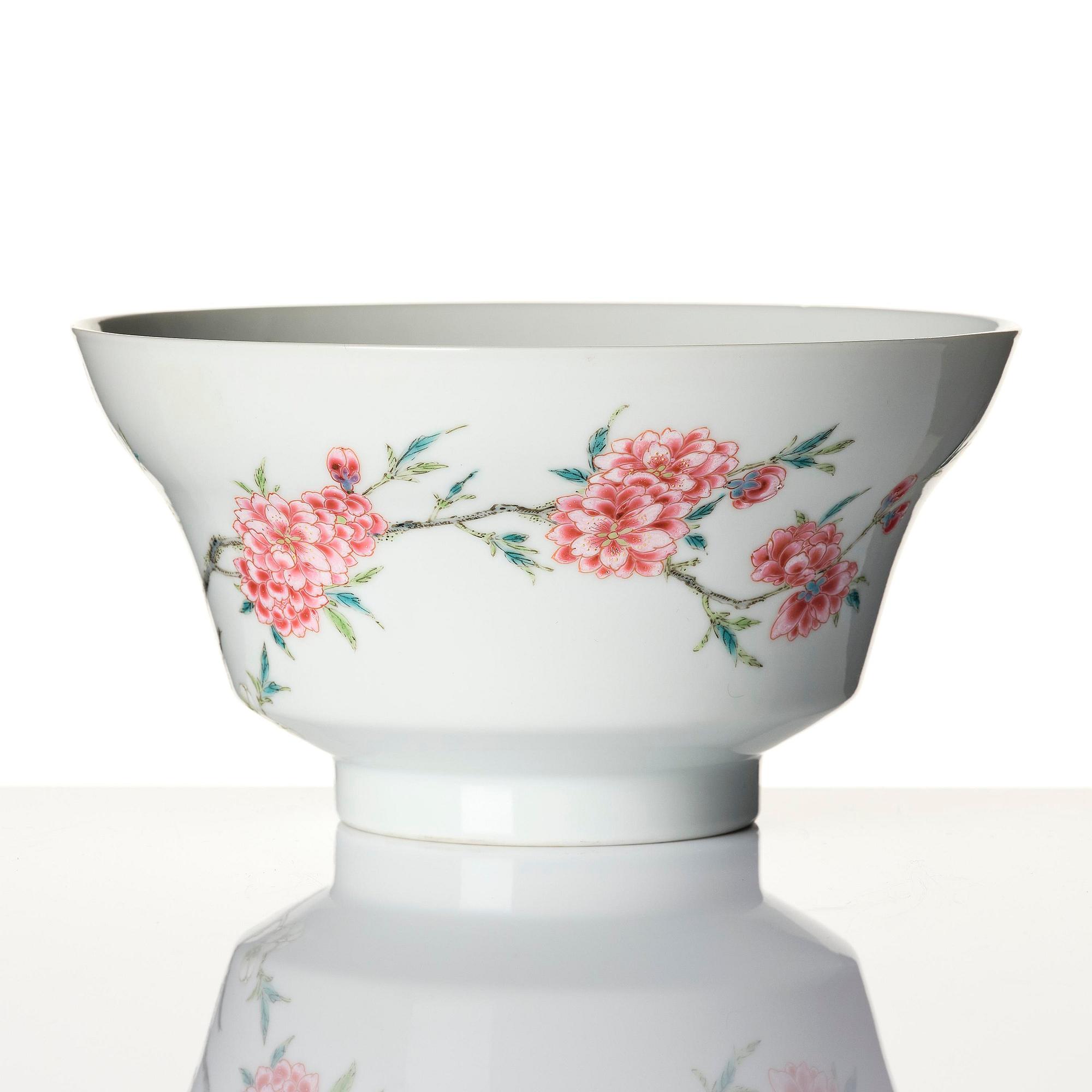 A fine famille rose ''prunus and magnolia' bowl, Qing dynasty.