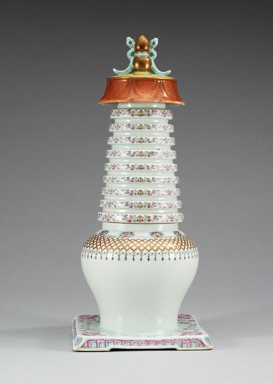 A famille rose stupa, presumably early 20th Century with Qianlong's seal mark in gold.