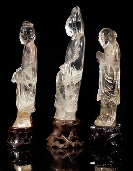 A set of  three rock chrystal figures, late Qing dynasty.