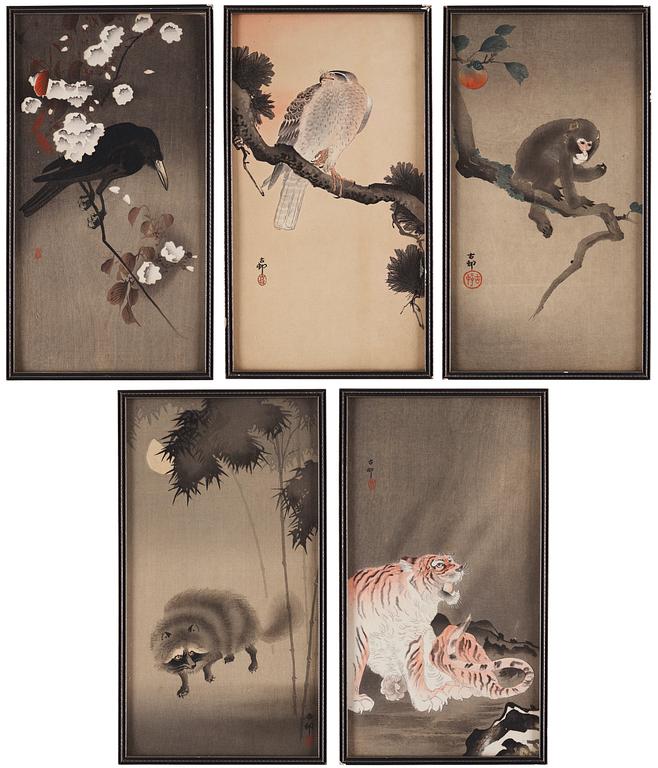 Ohara Koson (1877-1945), färgträsnitt, fem stycken. Japan, 1900-talets första hälft.
