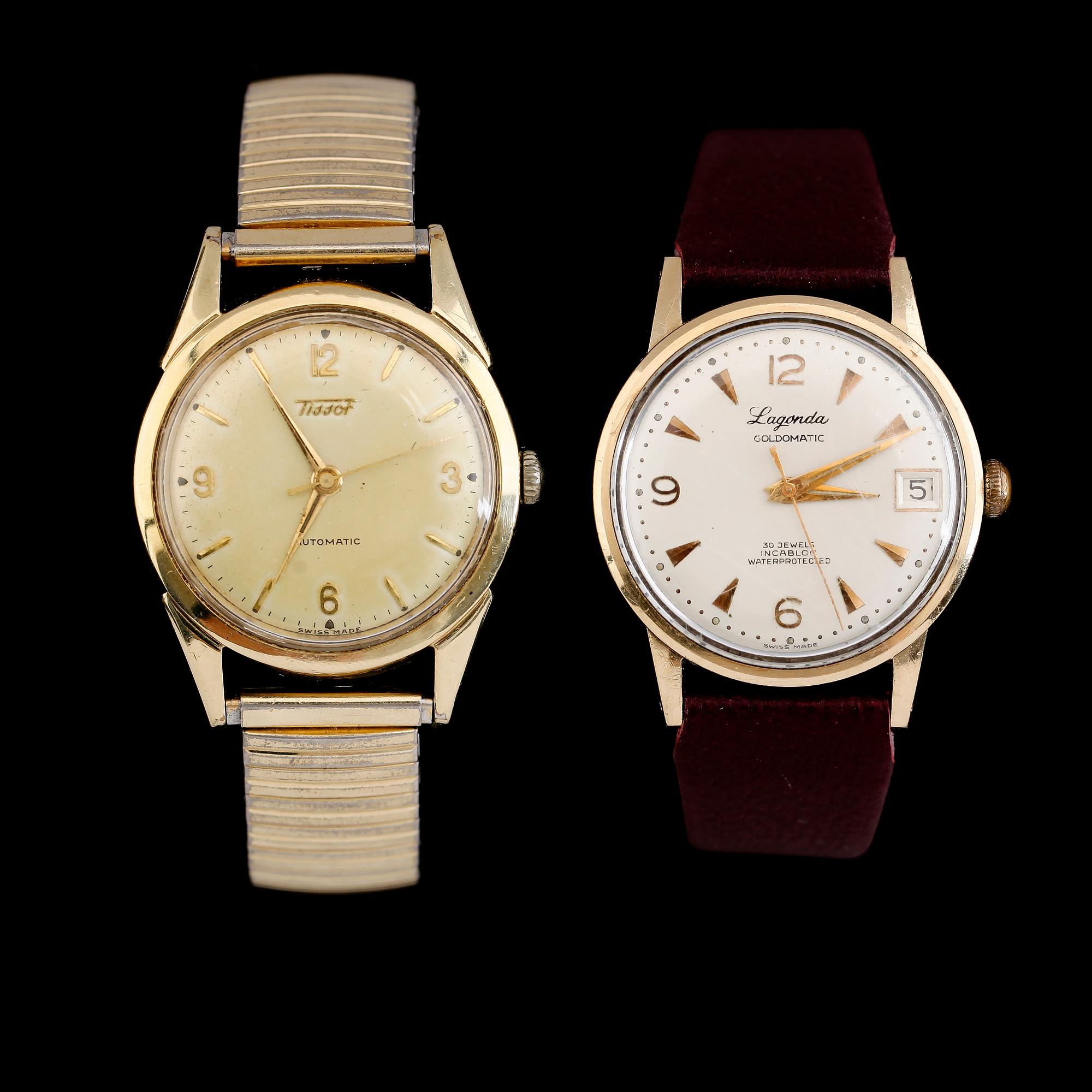 ARMBANDSUR, 2 st, Tissot och Lagonda, guld på stål, 1900-talets andra hälft.