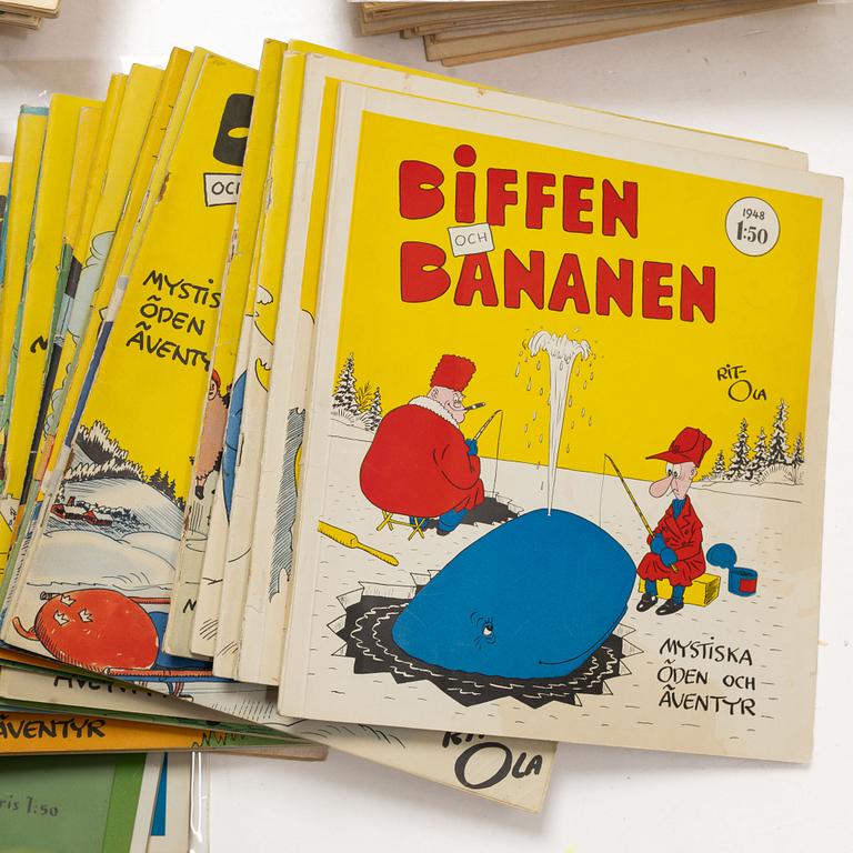 Comic books and fairy tales, a collection including "Lasso", "Biffen & Bananen" and Alga's children's books.