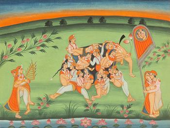 Unidentified artist, Erotic scene in landscape, India, 20th century.