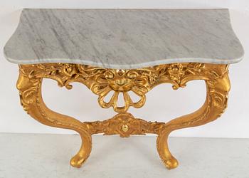 A second half of the 20th Century rococo style mirror with a console table.