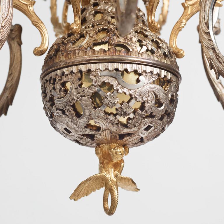 Carl Edberg's Masterpiece, a Swedish rococo silvered and gilt-brass six-light chandelier, circa 1755.