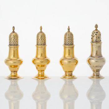 Four English 18th century silver-gilt caster-cruet, one pair marked Thomas Shepherd, 1790, one John Delmester 1760,