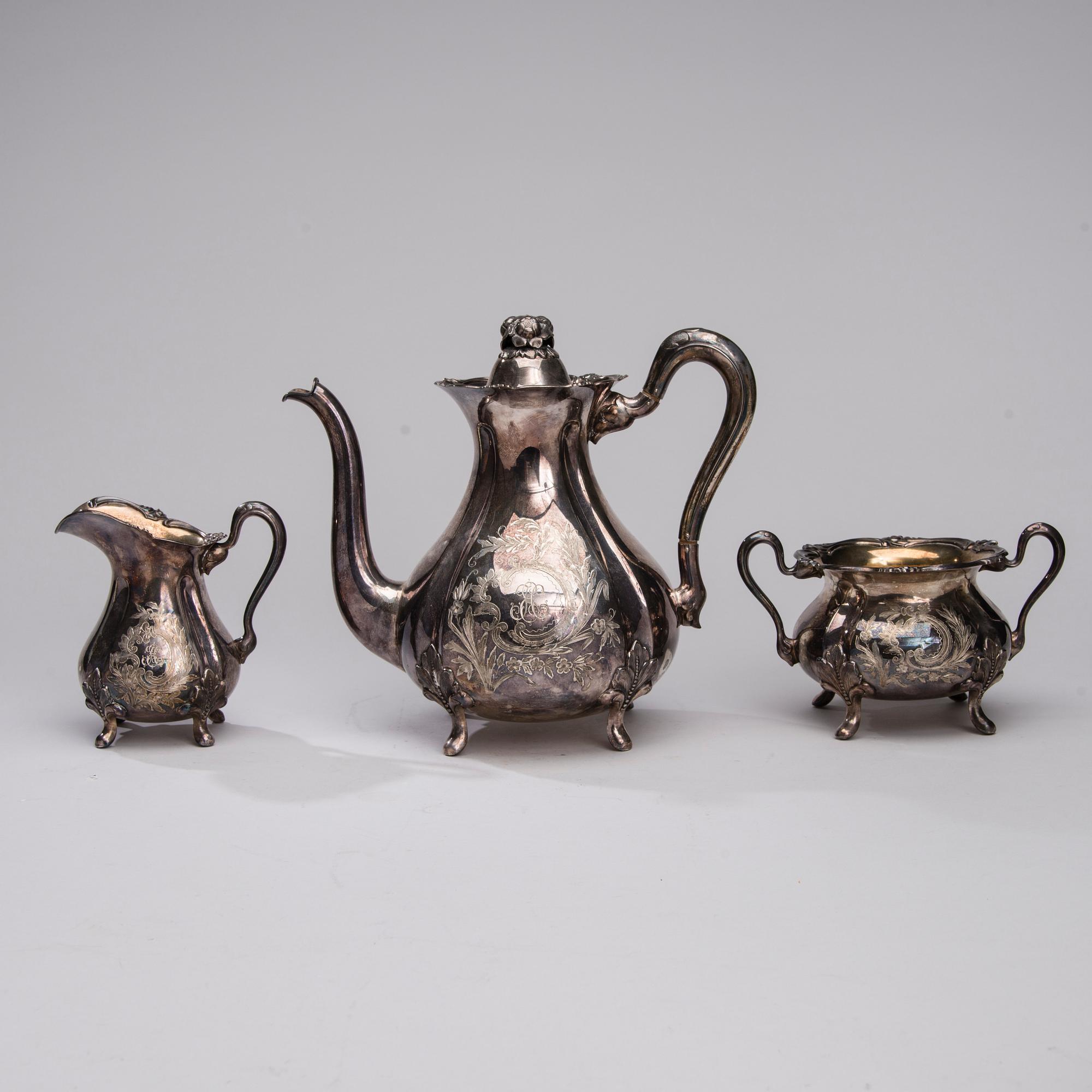KAFFESERVIS, 3 delar, silver, Kultakeskus Oy, Tavastehus 1936. Totalvikt ca 1512 g.