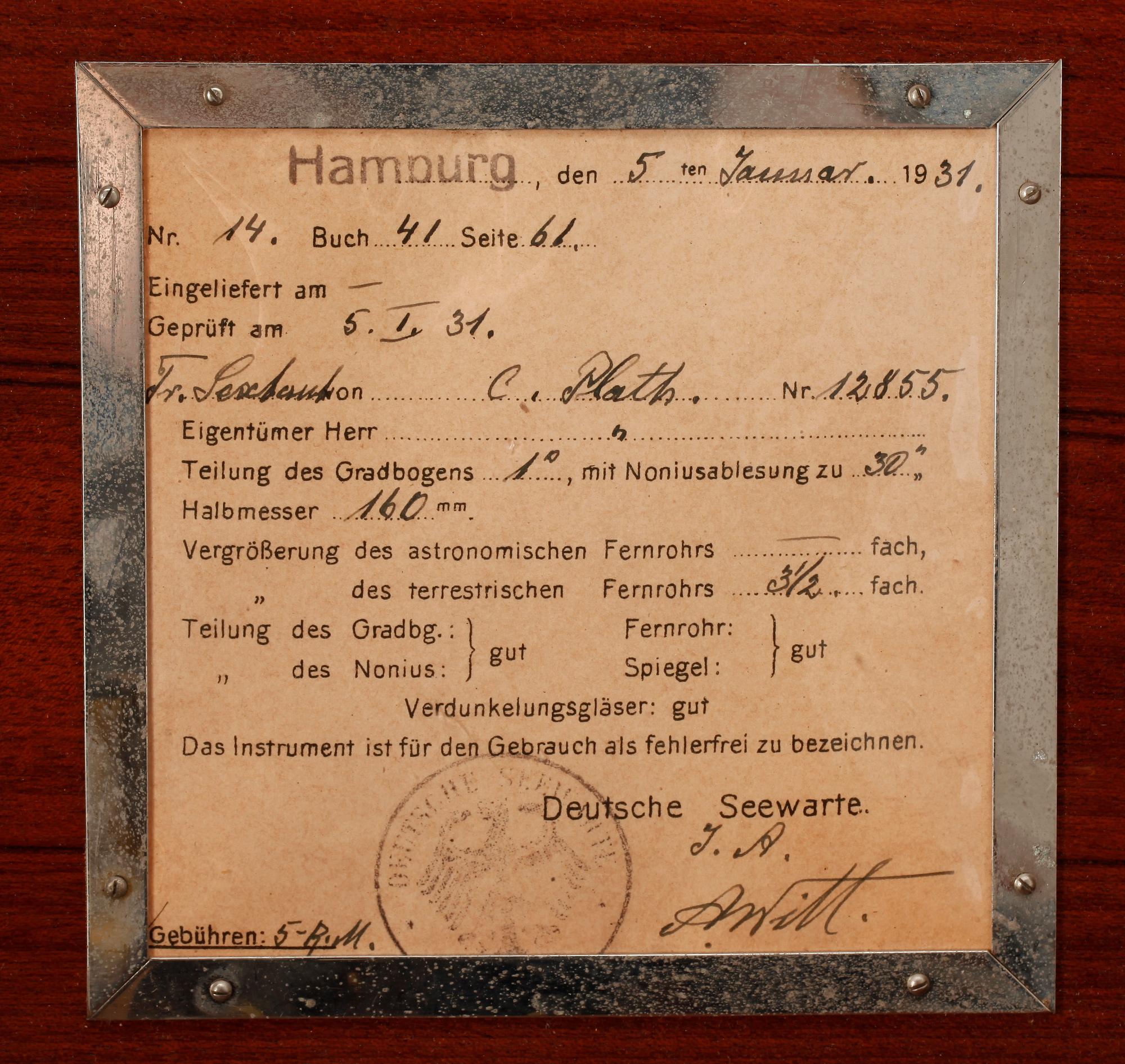 SEXTANT, C. Plath, Hamburg. 1900-talets första hälft.