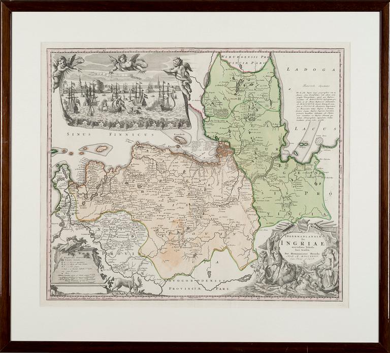 KARTA, gravyr, efter Homannianos Heredes, daterad 1734.