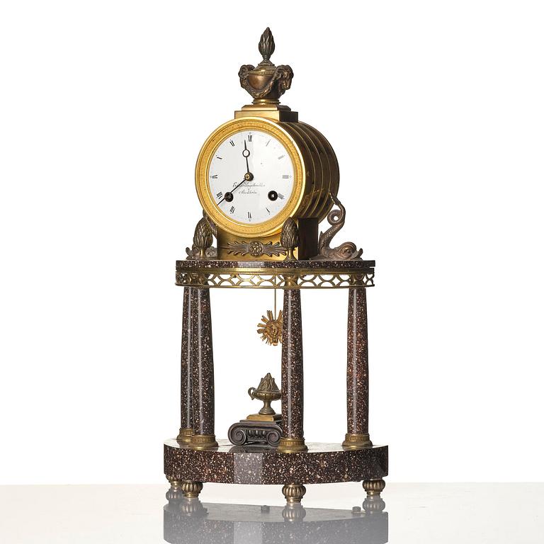 A late Gustavian-style porphyry portico clock.