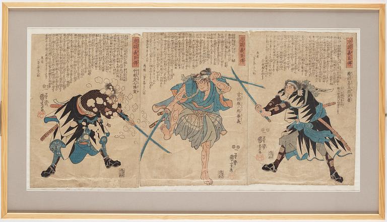 UTAGAWA KUNIYOSHI (1797/98-1861), triptyk, färgträsnitt. Japan, "Stories of the True Loyalty of the Faithful Samurai".
