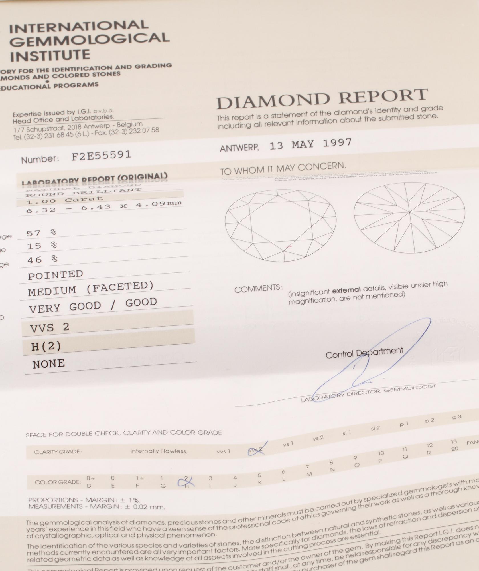 BRILJANTSLIPAD DIAMANT, 1.00 ct, oinfattad, certifikat daterat 1997.