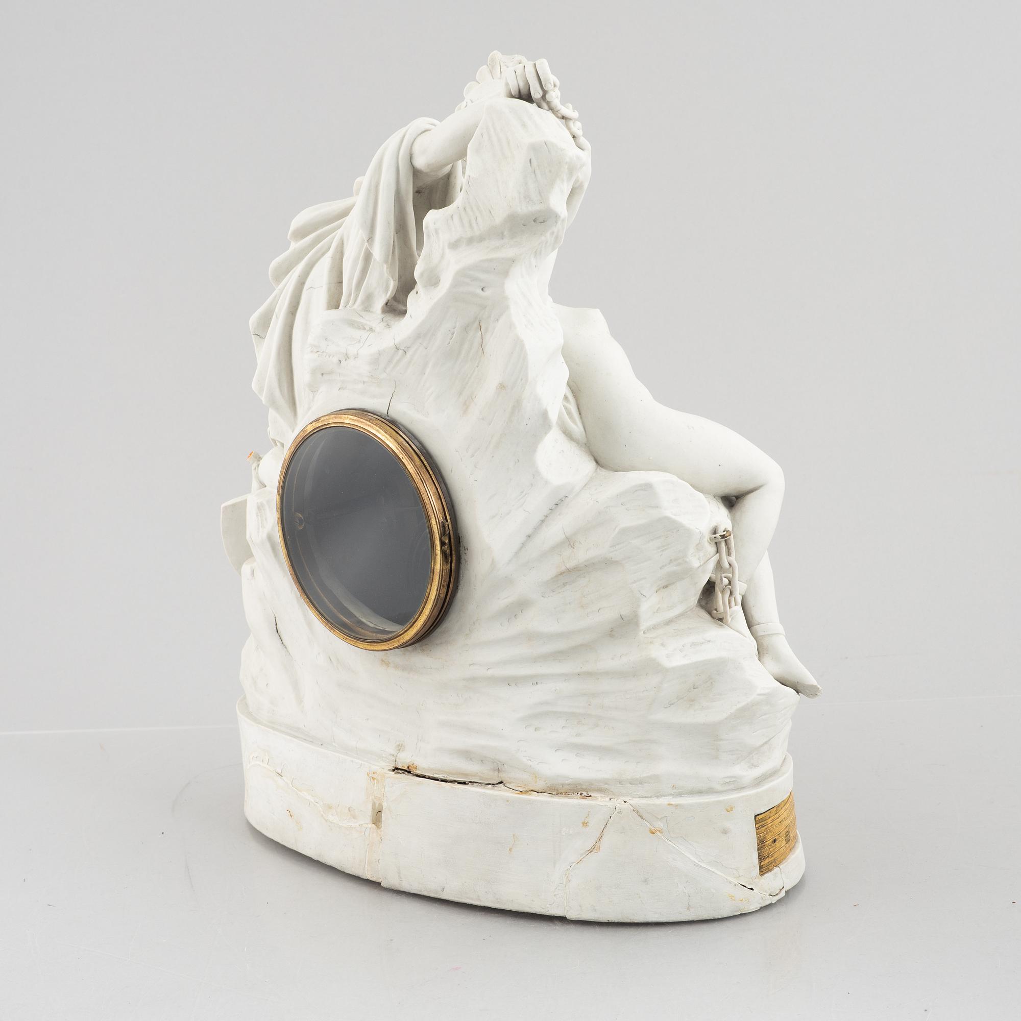 A French Louis XVI bisquit porcelain and ormolu-mounted figural mantel clock, late 18th century.