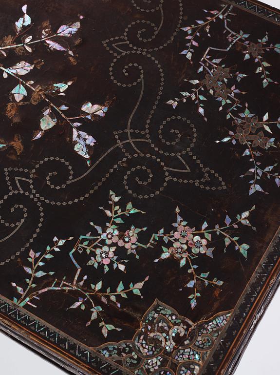 A  Chinese black lacquered altar table with mother of pearl inlay, 17th /18th Century.