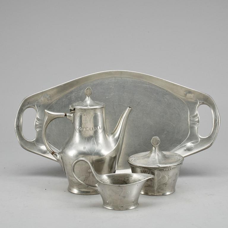 KAFFESERVIS, 4 delar, tenn, jugend, Kayserzinn, Tyskland, tidigt 1900-tal.