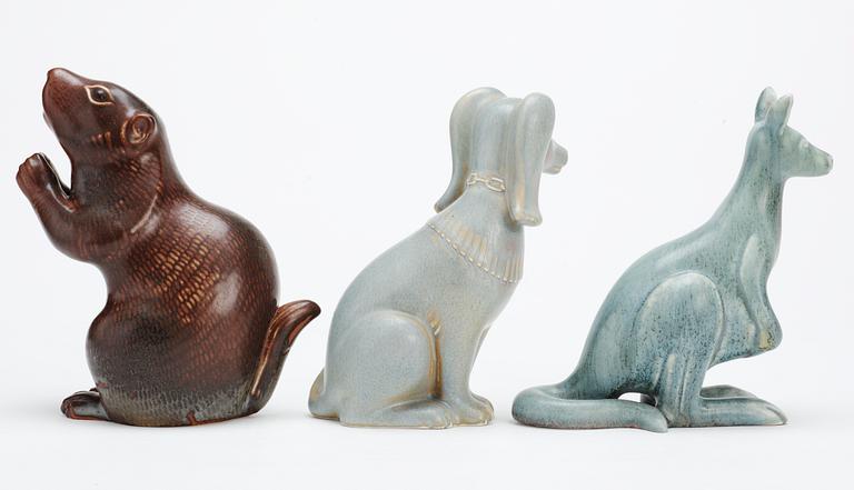 Three Gunnar Nylund stoneware figures, a kangaroo, a dog and a marmot, Rörstrand.